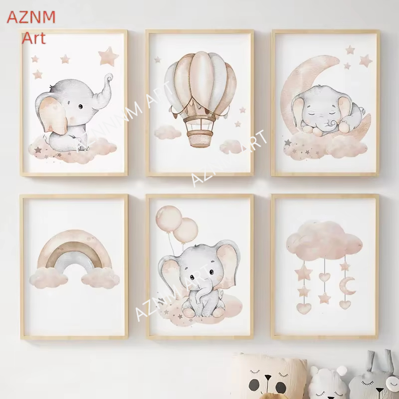 Baby Nursery Kids - Elephant Balloon Rainbow Moon Stars Cloud