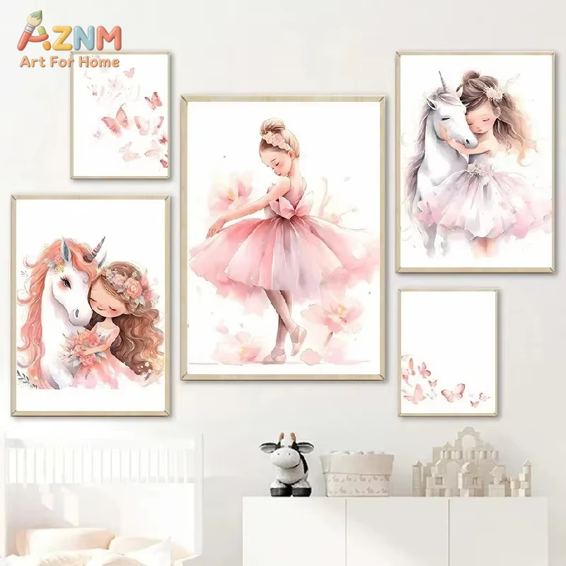 Baby Nursery Pink - 1PC,Pink Ballerina Girl Unicorn Butterfly Poster