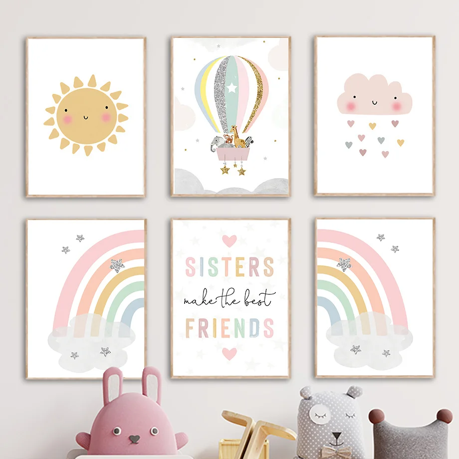 Baby Nursery Kids - Giraffe Elephant Hot Balloon Sun Rainbow