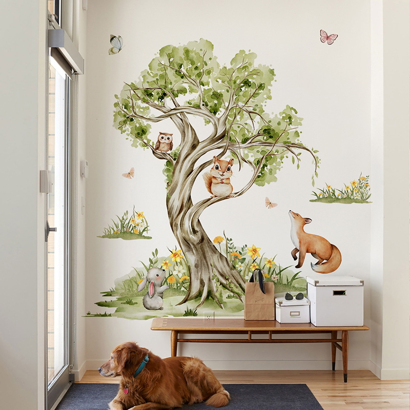 Baby Nursery Tree - Watercolor Forest Large Tree Animals Wall
