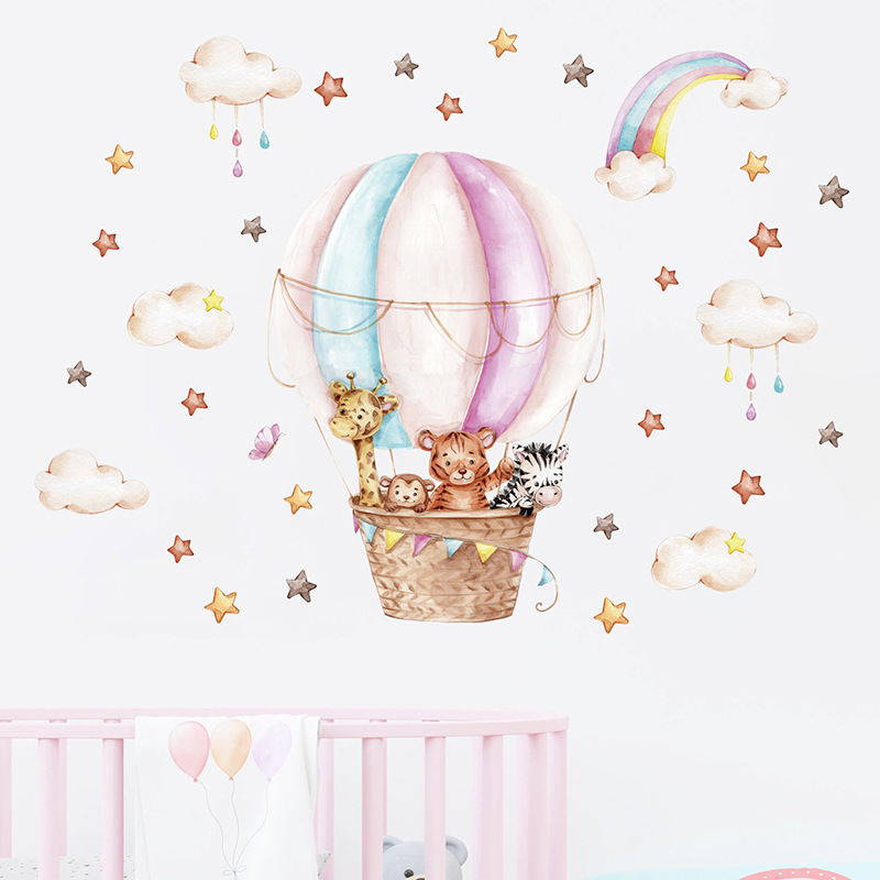 Baby Nursery Pink - Watercolor Pink Hot Airballoon Cute Animals