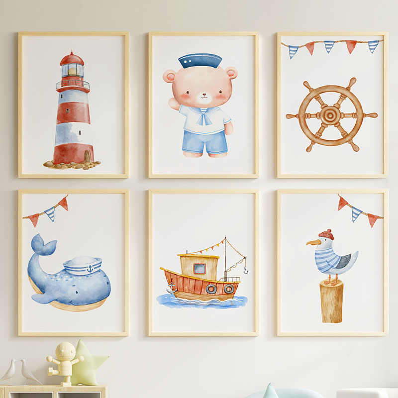 Baby Nursery Kids - Bear Whale Sailboat Lighthouse Nautical Nursery
