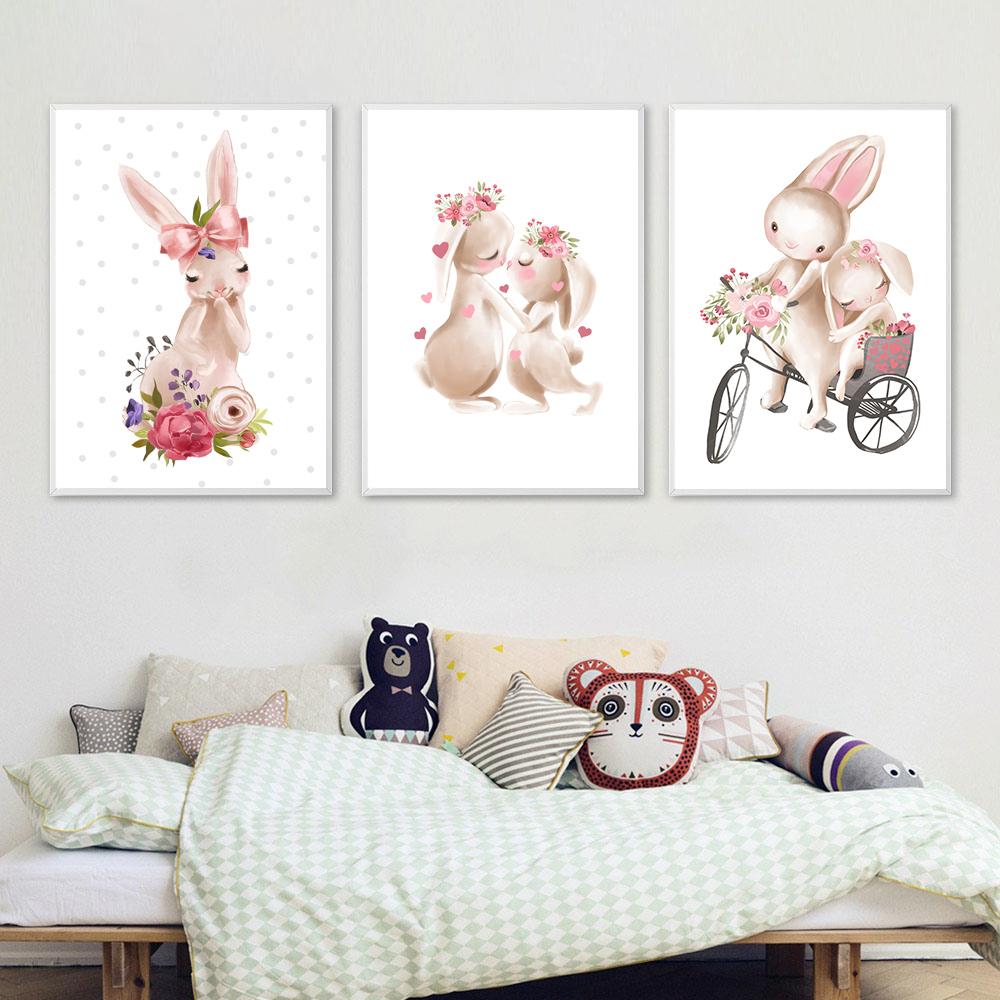 Baby Nursery Pink - Rabbit animal print, pink flower poster,